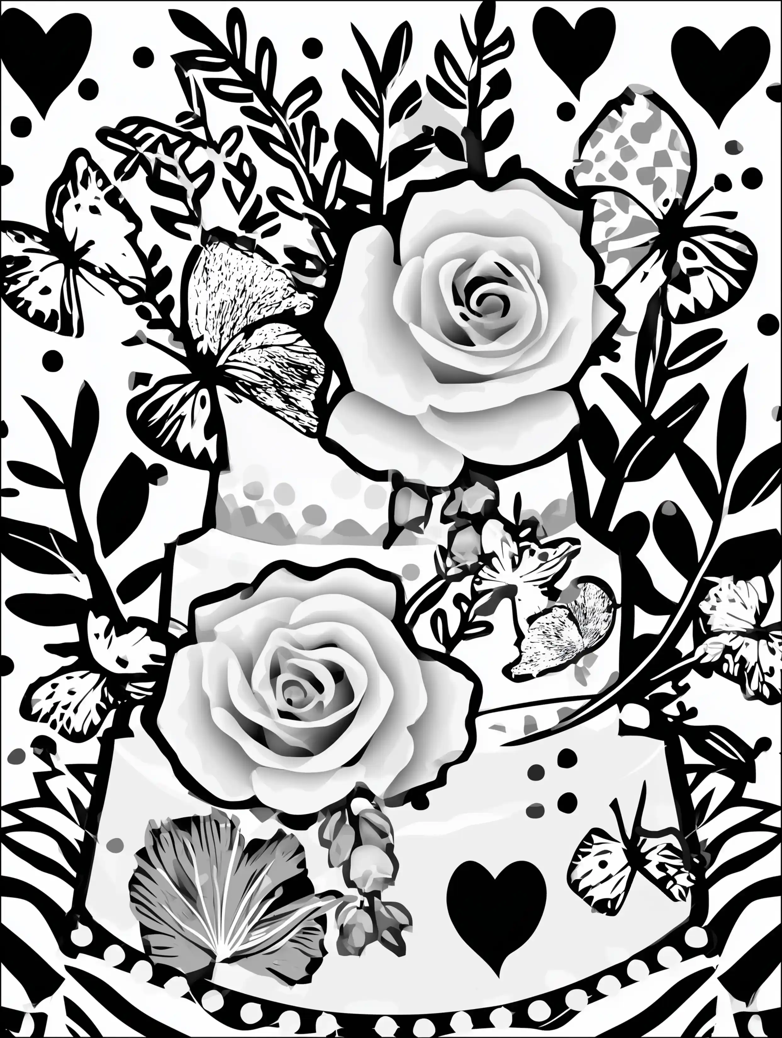 Free printable coloring pages floral featuring a cake full of flowers